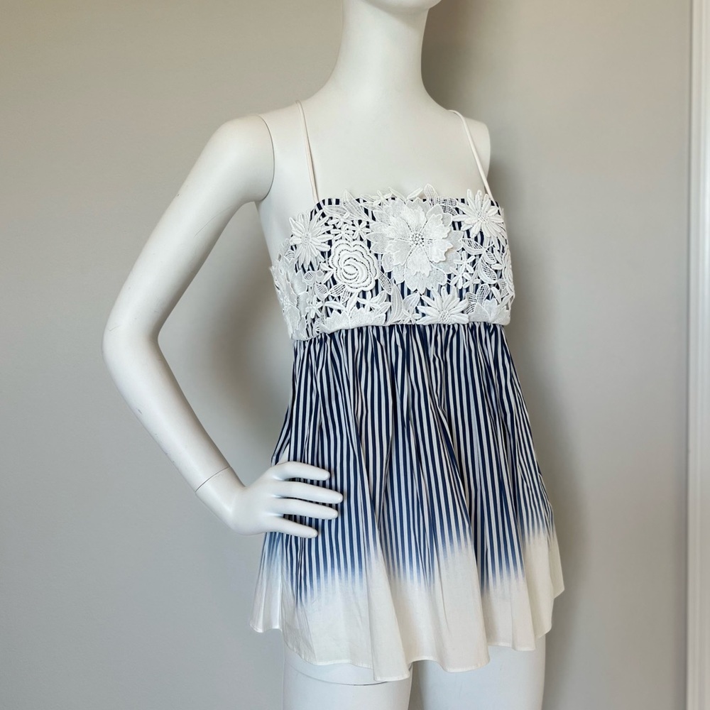 MILLY Babydoll Strappy Tank Floral Appliqué Sailor Stripe
